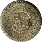 Mexico 5 Pesos 100th Anniversary of Constitution 1957 KM# 470 CINCO PESOS ESTADOS UNIDOS MEXICANOS 18.055 G 1957 LEY .720 coin obverse Mexico 5 Pesos 100th Anniversary of Constitution 1957 KM# 470 CINCO PESOS ESTADOS UNIDOS MEXICANOS 18.055 G 1957 LEY .720 coin obverse