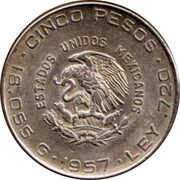 Mexico 5 Pesos Miguel Hidalgo y Costilla 1957 KM# 469 CINCO PESOS ESTADOS UNIDOS MEXICANOS 18.055 G 1955 LEY .720 coin obverse Mexico 5 Pesos Miguel Hidalgo y Costilla 1957 KM# 469 CINCO PESOS ESTADOS UNIDOS MEXICANOS 18.055 G 1955 LEY .720 coin obverse