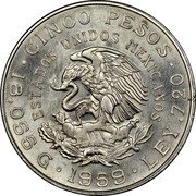 Mexico 5 Pesos Centennial of Carranza's Birth 1959 KM# 471 CINCO PESOS ESTADOS UNIDOS MEXICANOS 18.055 G 1959 LEY .720 coin obverse Mexico 5 Pesos Centennial of Carranza's Birth 1959 KM# 471 CINCO PESOS ESTADOS UNIDOS MEXICANOS 18.055 G 1959 LEY .720 coin obverse