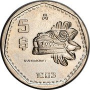Mexico 5 Pesos Quetzalcoatl 1983 Mo Proof KM# 485 5$ MO QUETZALCOATL 1983 coin reverse Mexico 5 Pesos Quetzalcoatl 1983 Mo Proof KM# 485 5$ MO QUETZALCOATL 1983 coin reverse
