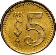 Mexico 5 Pesos Eagle. Circulation Coin 1985 KM# 502 1985 $5 MO coin reverse Mexico 5 Pesos Eagle. Circulation Coin 1985 KM# 502 1985 $5 MO coin reverse