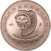 Mexico 5 Pesos Disc of Death 1997 KM# 619 1998 OM DISCO DE LA MUERTE $5 coin reverse Mexico 5 Pesos Disc of Death 1997 KM# 619 1998 OM DISCO DE LA MUERTE $5 coin reverse