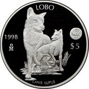 Mexico 5 Pesos Wolf 1998 Proof KM# 627 LOBO 1997 MO $5 CANIS LUPUS coin reverse Mexico 5 Pesos Wolf 1998 Proof KM# 627 LOBO 1997 MO $5 CANIS LUPUS coin reverse