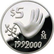 Mexico 5 Pesos Dove as Hand of Peace 1999 Mo Proof KM# 631 $5 MO 1992000 coin reverse Mexico 5 Pesos Dove as Hand of Peace 1999 Mo Proof KM# 631 $5 MO 1992000 coin reverse