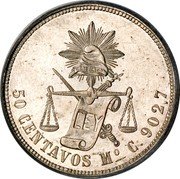 Mexico 50 Centavos Radiant Cap & Scales 1869 KM# 407.6 LIBERTAD LEY 50 CENTAVOS MO B. 902,7 coin reverse Mexico 50 Centavos Radiant Cap & Scales 1869 KM# 407.6 LIBERTAD LEY 50 CENTAVOS MO B. 902,7 coin reverse