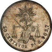 Mexico 50 Centavos Radiant Cap & Scales 1874 KM# 407.7 LIBERTAD LEY 50 CENTAVOS PI H. 902,7 coin reverse Mexico 50 Centavos Radiant Cap & Scales 1874 KM# 407.7 LIBERTAD LEY 50 CENTAVOS PI H. 902,7 coin reverse