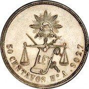 Mexico 50 Centavos Radiant Cap & Scales 1880 L KM# 407 LEY 50 CENTAVOS HO A.902,7 coin reverse Mexico 50 Centavos Radiant Cap & Scales 1880 L KM# 407 LEY 50 CENTAVOS HO A.902,7 coin reverse