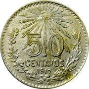 Mexico 50 Centavos Radiant Cap 1917 KM# 445 LIBERTAD 50 M CENTAVOS 1908 coin reverse Mexico 50 Centavos Radiant Cap 1917 KM# 445 LIBERTAD 50 M CENTAVOS 1908 coin reverse