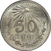Mexico 50 Centavos Radiant Cap 1935 KM# 448 LIBERTAD 50 M CENTAVOS 1935 coin reverse Mexico 50 Centavos Radiant Cap 1935 KM# 448 LIBERTAD 50 M CENTAVOS 1935 coin reverse