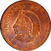 Mexico 50 Centavos Cuauhtemoc 1959 KM# 450 CINCUENTA CENTAVOS MO 1957 coin reverse Mexico 50 Centavos Cuauhtemoc 1959 KM# 450 CINCUENTA CENTAVOS MO 1957 coin reverse