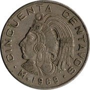 Mexico 50 Centavos Cuauhtemoc 1969 KM# 451 CINCUENTA CENTAVOS MO 1965 coin reverse Mexico 50 Centavos Cuauhtemoc 1969 KM# 451 CINCUENTA CENTAVOS MO 1965 coin reverse