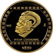 Mexico 50 Nuevos Pesos Hacha Ceremonial 1993 KM# 586 1993 MO HACHA CEREMONIAL N$50 coin reverse Mexico 50 Nuevos Pesos Hacha Ceremonial 1993 KM# 586 1993 MO HACHA CEREMONIAL N$50 coin reverse