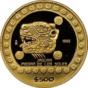 Mexico 500 Pesos Jaguar Piedra de los Soles 1992 KM# 559 MO 1992 JAGUAR PIEDRA DE LOS SOLES $500 coin reverse Mexico 500 Pesos Jaguar Piedra de los Soles 1992 KM# 559 MO 1992 JAGUAR PIEDRA DE LOS SOLES $500 coin reverse