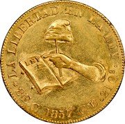 Mexico 8 Escudos Cap on Stick and Open Book 1857 C CE Without periods after C's KM# 383.2 LA LIBERTAD ET LA LEY 8E.G 1857 C E 21QS coin reverse Mexico 8 Escudos Cap on Stick and Open Book 1857 C CE Without periods after C's KM# 383.2 LA LIBERTAD ET LA LEY 8E.G 1857 C E 21QS coin reverse