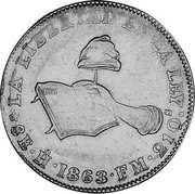 Mexico 8 Escudos Cap on Stick and Open Book 1863 KM# 383.8 LA LIBERTAD ET LA LEY 8E.HO.1863.F M 21QS coin reverse Mexico 8 Escudos Cap on Stick and Open Book 1863 KM# 383.8 LA LIBERTAD ET LA LEY 8E.HO.1863.F M 21QS coin reverse