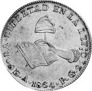 Mexico 8 Escudos Cap on Stick 1864 A PG KM# 383 LA LIBERTAD EN LA LEY 8E.A 1864 PG 21QS coin reverse Mexico 8 Escudos Cap on Stick 1864 A PG KM# 383 LA LIBERTAD EN LA LEY 8E.A 1864 PG 21QS coin reverse