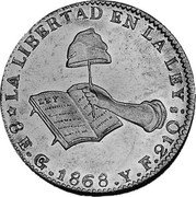 Mexico 8 Escudos Cap on Stick and Open Book 1868/58 Go YF KM# 383.7 LA LIBERTAD EN LA LEY 8E.GO.1868.Y F 21QS coin reverse Mexico 8 Escudos Cap on Stick and Open Book 1868/58 Go YF KM# 383.7 LA LIBERTAD EN LA LEY 8E.GO.1868.Y F 21QS coin reverse