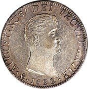 Mexico 8 Reales Augustin I 1822 KM# 309 AUGUSTINUS DEI PROVIDENTIA MO 1822 coin obverse Mexico 8 Reales Augustin I 1822 KM# 309 AUGUSTINUS DEI PROVIDENTIA MO 1822 coin obverse
