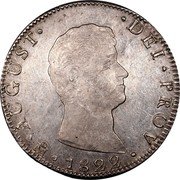Mexico 8 Reales Augustin I 1822 KM# 306.1 AUGUST DEI PROV MO 1822 coin obverse Mexico 8 Reales Augustin I 1822 KM# 306.1 AUGUST DEI PROV MO 1822 coin obverse