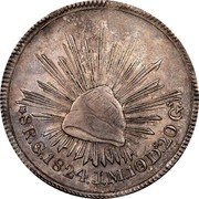 Mexico 8 Reales Radiant Cap 1824 KM# A376.1 LIBERTAD 8R GO. 1824 J.M. 10 DS 20CS coin reverse Mexico 8 Reales Radiant Cap 1824 KM# A376.1 LIBERTAD 8R GO. 1824 J.M. 10 DS 20CS coin reverse