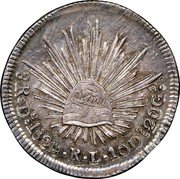 Mexico 8 Reales Radiant Cap 1824 KM# 376.4 LIBERTAD 8R DO. 1824 R L 10 DS 20CS coin reverse Mexico 8 Reales Radiant Cap 1824 KM# 376.4 LIBERTAD 8R DO. 1824 R L 10 DS 20CS coin reverse