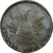 Mexico 8 Reales Radiant Cap 1824 Mo JM KM# A376.5 8R MO. 1824 J.M. 10 DS 20CS coin reverse Mexico 8 Reales Radiant Cap 1824 Mo JM KM# A376.5 8R MO. 1824 J.M. 10 DS 20CS coin reverse