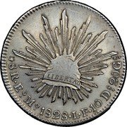 Mexico 8 Reales Radiant Cap 1828 EoMo LF KM# 377.5 LIBERTAD 8 R. OM. 1828 L F 10 DS. 20 GS. coin reverse Mexico 8 Reales Radiant Cap 1828 EoMo LF KM# 377.5 LIBERTAD 8 R. OM. 1828 L F 10 DS. 20 GS. coin reverse