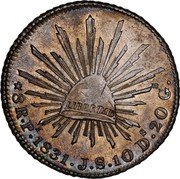 Mexico 8 Reales Radiant Cap 1831 KM# 377.12 LIBERTAD 8 R. PI. 1885 M. H. 10 DS. 20 GS. coin reverse Mexico 8 Reales Radiant Cap 1831 KM# 377.12 LIBERTAD 8 R. PI. 1885 M. H. 10 DS. 20 GS. coin reverse