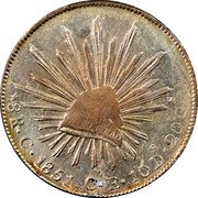 Mexico 8 Reales Libertine with Radiant Level Essai by Rogat 1851 CE KM# 377.3 LIBERTAD 8 R. C 1851. C. E. 10 DS. 20 GS coin reverse Mexico 8 Reales Libertine with Radiant Level Essai by Rogat 1851 CE KM# 377.3 LIBERTAD 8 R. C 1851. C. E. 10 DS. 20 GS coin reverse