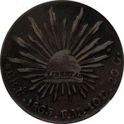 Mexico 8 Reales Radiant Cap 1865 KM# 377.9 LIBERTAD 8 R. HO. 1871 P R. 10 DS. 20 GS. coin reverse Mexico 8 Reales Radiant Cap 1865 KM# 377.9 LIBERTAD 8 R. HO. 1871 P R. 10 DS. 20 GS. coin reverse