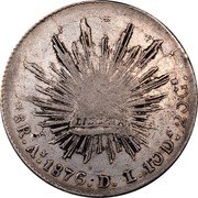 Mexico 8 Reales Radiant Cap 1876 DL KM# 377 LIBERTAD 8R AS 1876 D L 10DS.20GS. coin reverse Mexico 8 Reales Radiant Cap 1876 DL KM# 377 LIBERTAD 8R AS 1876 D L 10DS.20GS. coin reverse