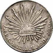 Mexico 8 Reales Radiant Cap 1877 Ca JM KM# 377.2 LIBERTAD 8R CA 1869 IM 10DS.20GS coin reverse Mexico 8 Reales Radiant Cap 1877 Ca JM KM# 377.2 LIBERTAD 8R CA 1869 IM 10DS.20GS coin reverse