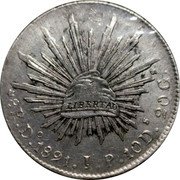 Mexico 8 Reales Radiant Cap 1891 KM# 377.4 LIBERTAD 8 R. DO. 1826. R L. 10 DS. 20 GS coin reverse Mexico 8 Reales Radiant Cap 1891 KM# 377.4 LIBERTAD 8 R. DO. 1826. R L. 10 DS. 20 GS coin reverse