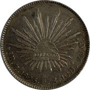 Mexico 8 Reales Radiant Cap 1896 KM# 377.13 LIBERTAD 8 R. ZS. 1831. O M 10 DS. 20 GS. coin reverse Mexico 8 Reales Radiant Cap 1896 KM# 377.13 LIBERTAD 8 R. ZS. 1831. O M 10 DS. 20 GS. coin reverse
