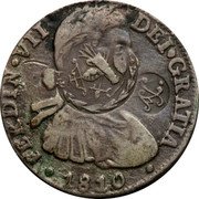 Mexico 8 Reales Countermarked Coinage ND HJ Host Date 1809 KM# 281 FERDIN VII DEI GRATIA 1810 coin obverse Mexico 8 Reales Countermarked Coinage ND HJ Host Date 1809 KM# 281 FERDIN VII DEI GRATIA 1810 coin obverse