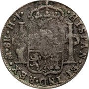 Mexico 8 Reales Countermarked Coinage ND HJ Host Date 1809 KM# 281 HISPAN ET IND REX MO 8 R H I coin reverse Mexico 8 Reales Countermarked Coinage ND HJ Host Date 1809 KM# 281 HISPAN ET IND REX MO 8 R H I coin reverse