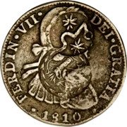 Mexico 8 Reales Countermarked Coinage ND HJ Host Date 1810 KM# 285.2 FERDIN VII DEI GRATIA 1810 coin obverse Mexico 8 Reales Countermarked Coinage ND HJ Host Date 1810 KM# 285.2 FERDIN VII DEI GRATIA 1810 coin obverse
