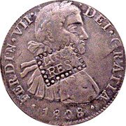 Mexico 8 Reales Insurgent Coin. Linares ND TH KM# 263.1 FERDIN VII DEI GRATIA 1808 LINA RES coin obverse Mexico 8 Reales Insurgent Coin. Linares ND TH KM# 263.1 FERDIN VII DEI GRATIA 1808 LINA RES coin obverse