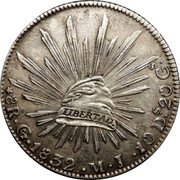 Mexico 8 Reales Radiant Cap 1832 Go MJ KM# 377.8 REPUBLICA MEXICANA. coin obverse Mexico 8 Reales Radiant Cap 1832 Go MJ KM# 377.8 REPUBLICA MEXICANA. coin obverse