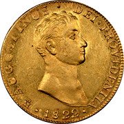 Mexico 8 Scudos Augustin I 1822 KM# 313.1 AUGUSTINUS DEI PROVIDENTIA MO 1822 coin obverse Mexico 8 Scudos Augustin I 1822 KM# 313.1 AUGUSTINUS DEI PROVIDENTIA MO 1822 coin obverse