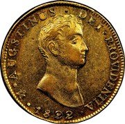 Mexico 8 Scudos Augustin I 1822 KM# 313.2 AUGUSTINUS DEI PROVIDENTIA MO 1822 coin obverse Mexico 8 Scudos Augustin I 1822 KM# 313.2 AUGUSTINUS DEI PROVIDENTIA MO 1822 coin obverse