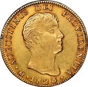 Mexico 8 Scudos Augustin I 1823 KM# 314 AUGUSTINUS DEI PROVIDENTIA MO 1823 coin obverse Mexico 8 Scudos Augustin I 1823 KM# 314 AUGUSTINUS DEI PROVIDENTIA MO 1823 coin obverse