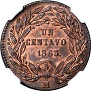 Mexico Centavo Seated Liberty 1863 Mo Flat-top 3, reeded edge KM# 390 UN CENTAVO. 1863. MO coin reverse
