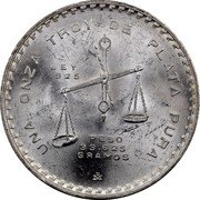 Mexico Onza Scales 1980 KM# M49b.5 UNA ONZA TROY DE PLATA PURA LEY .925 PESO 33.625 GRAMOS MO coin reverse Mexico Onza Scales 1980 KM# M49b.5 UNA ONZA TROY DE PLATA PURA LEY .925 PESO 33.625 GRAMOS MO coin reverse