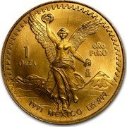 Mexico Onza Winged Victory 1991 KM# 592 1 ONZA ORO PURO MO 1994 MEXICO LEY .999 coin reverse Mexico Onza Winged Victory 1991 KM# 592 1 ONZA ORO PURO MO 1994 MEXICO LEY .999 coin reverse