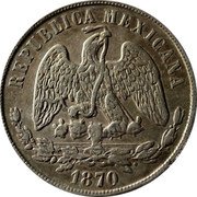 Mexico Peso Radiant Cap & Scales 1870 Mo C KM# 408.5 REPUBLICA MEXICANA 1869 coin obverse Mexico Peso Radiant Cap & Scales 1870 Mo C KM# 408.5 REPUBLICA MEXICANA 1869 coin obverse