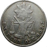 Mexico Peso Radiant Cap & Scales 1873 KM# 408.6 UN PESO OA E 902.7 coin reverse Mexico Peso Radiant Cap & Scales 1873 KM# 408.6 UN PESO OA E 902.7 coin reverse