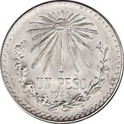 Mexico Peso Radiant Cap 1945 KM# 455 LIBERTAD M UN PESO 1944 coin reverse Mexico Peso Radiant Cap 1945 KM# 455 LIBERTAD M UN PESO 1944 coin reverse