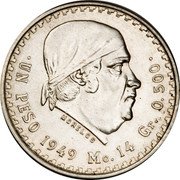 Mexico Peso Morelos 1949 Proof KM# 456 UN PESO 1947 MO. 14 GR. 0.500. MORELOS coin reverse Mexico Peso Morelos 1949 Proof KM# 456 UN PESO 1947 MO. 14 GR. 0.500. MORELOS coin reverse