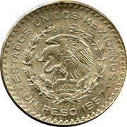 Mexico Peso 100th Anniversary of Constitution 1957 KM# 458 ESTADOS UNIDOS MEXICANOS .UN PESO 1957 coin obverse Mexico Peso 100th Anniversary of Constitution 1957 KM# 458 ESTADOS UNIDOS MEXICANOS .UN PESO 1957 coin obverse